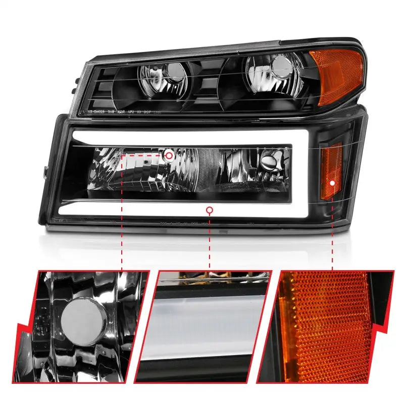 ANZO 04-12 GM Colorado/Canyon/I-Series Crystal Headlights - w/ Light Bar Black Housing 4pcs - Truck & Automotive