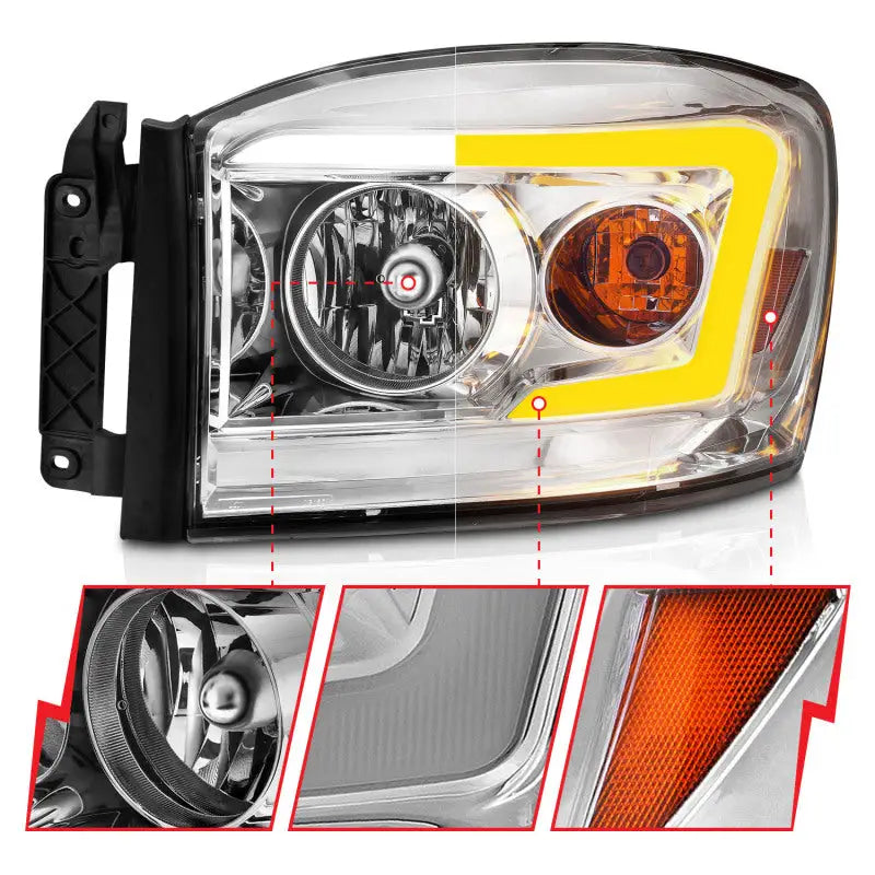 Chrome housing projector headlights with amber reflectors and LED DRLs for Dodge Ram with switchback light bars