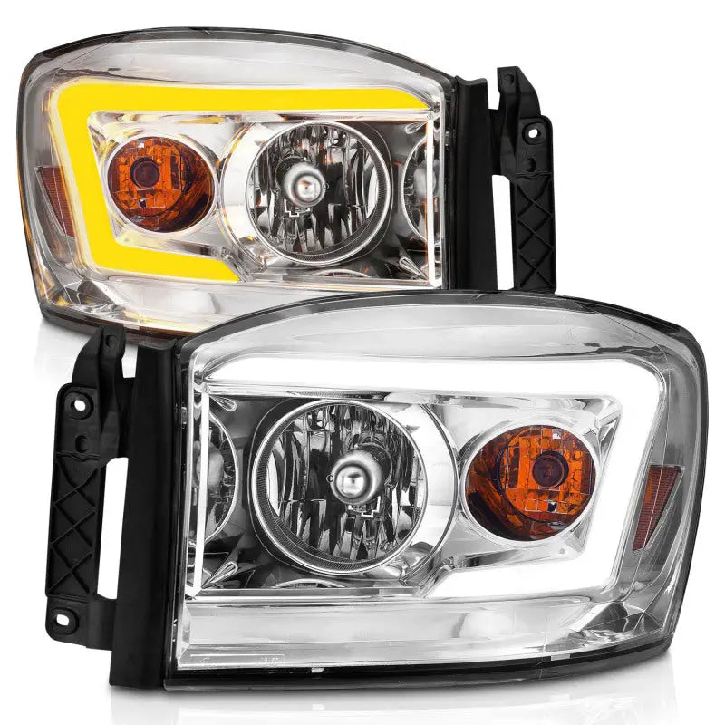 Auto headlights with switchback light bars for Dodge Ram in chrome housing and clear lens