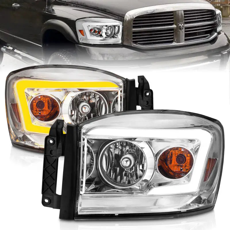Aftermarket Dodge Ram headlights with switchback light bars, chrome housing, and LED daytime lights