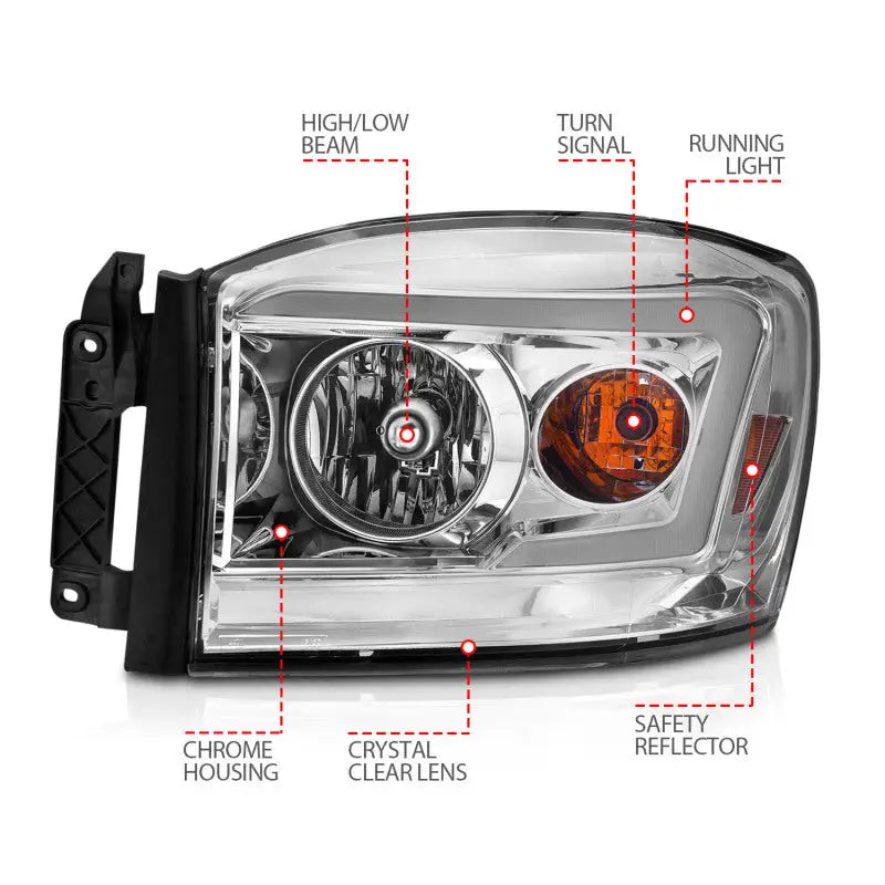 Chrome housing Dodge Ram headlight with switchback light bars and high/low beams