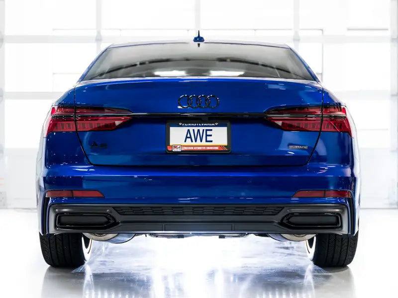 Blue Audi sedan with AWE Touring Edition Cat-Back Exhaust for C8 A6/A7 3.0T