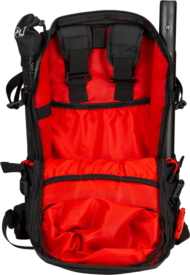 Open Black Backcountry Pack with shoulder straps, red interior, and multiple compartments