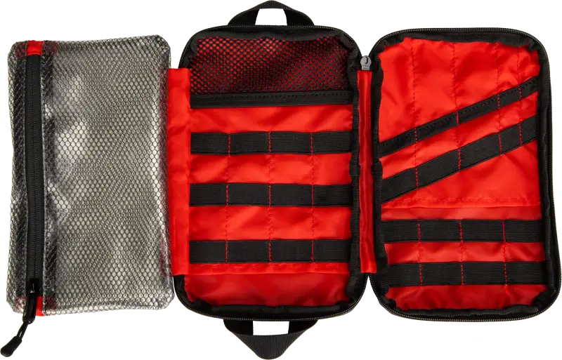 Open tri-fold tactical pouch with mesh pocket and elastic straps for gear storage