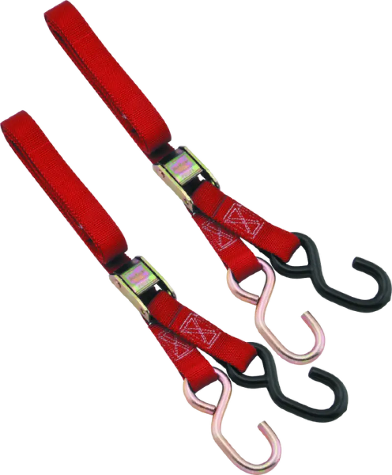 Red bikemaster 1in tiedown straps with hooks for secure bike transport