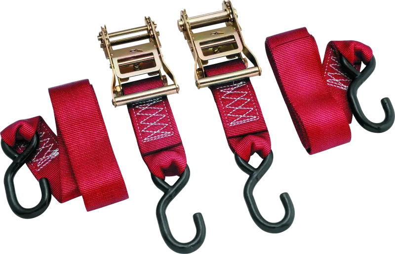 Red BikeMaster 2x84in ratchet tiedown straps perfect for secure cargo transport
