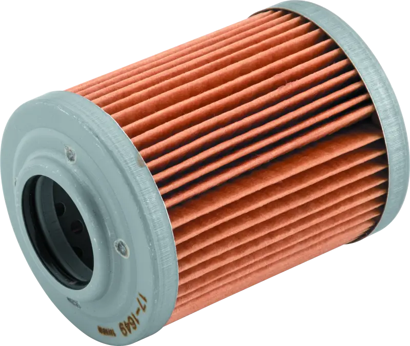 Cylindrical Bikemaster Aprilia BM-152 oil filter with pleated orange media