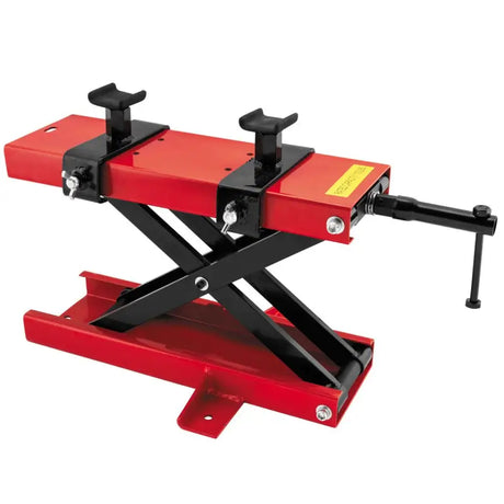 BikeMaster Steel Center Jack - 152505 with durable red and black steel construction, designed for motorcycle maintenance stability and ease.
