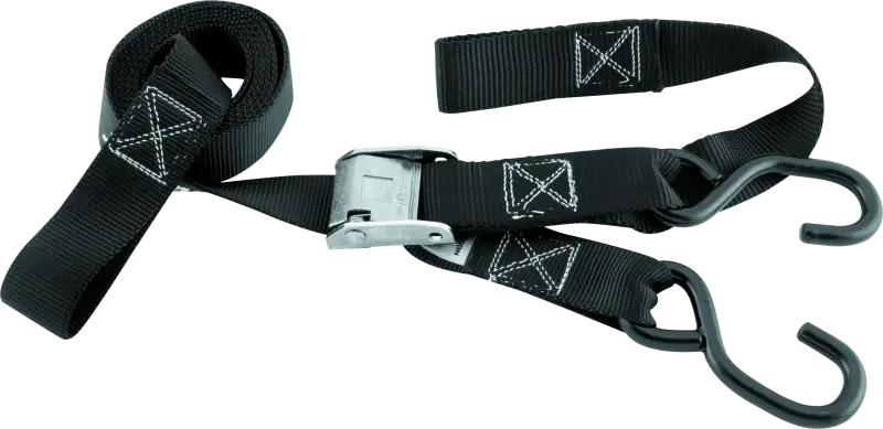Black bikemaster tiedown with integrated softhook, metal buckle, and hooks for secure transport
