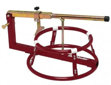 BikeMaster Tire Change Stand with Bead Breaker model 152511 in red, featuring sturdy construction and an integrated bead breaker for easy tire changes.