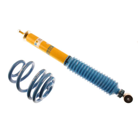 Bilstein B16 2001 BMW M3 Base Front and Rear Performance Suspension System featuring mono-tube gas shock absorbers with 10-stage compression and rebound settings, blue coil spring, and yellow damper.