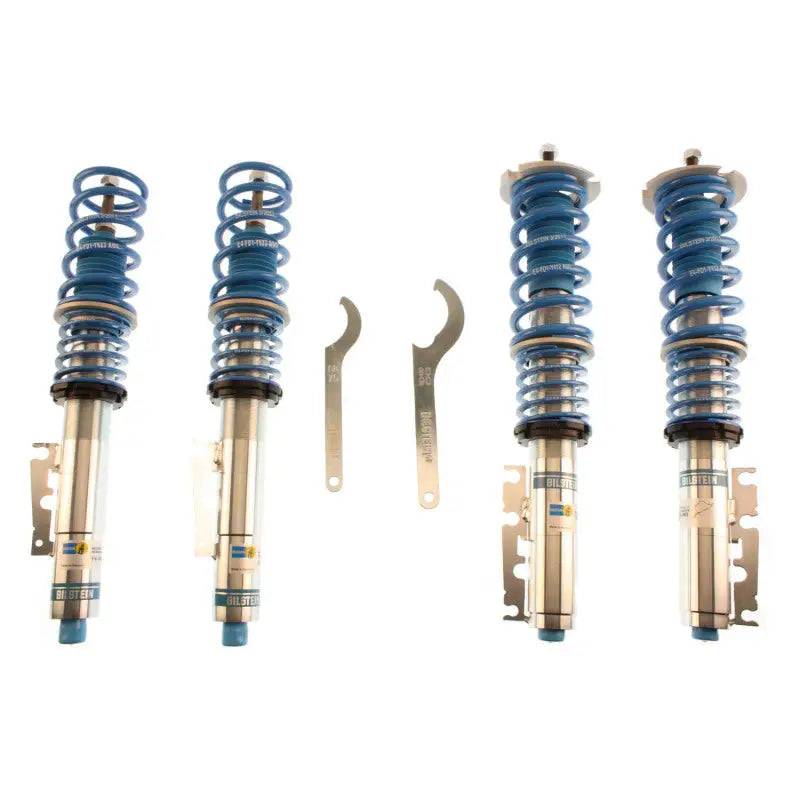 Four blue Bilstein B16 coilover shocks for Porsche Boxster performance suspension setup