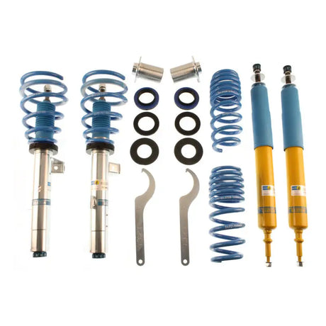 Blue and yellow BMW 330i Bilstein B16 performance suspension kit in action