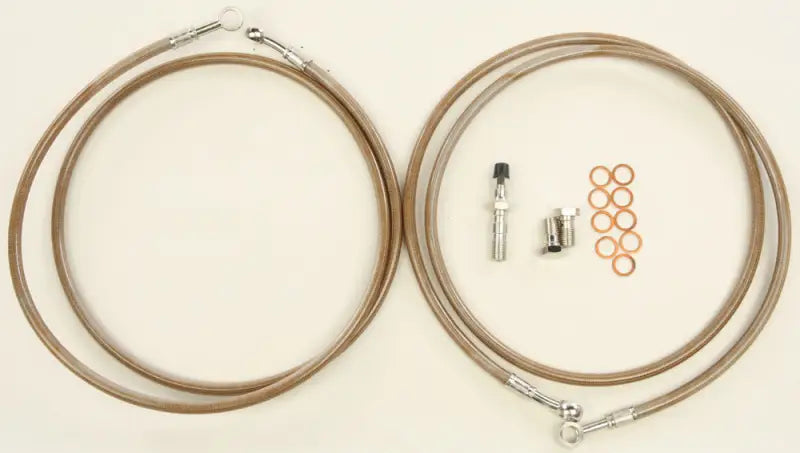 Motorcycle brake line kit with stainless steel lines for improved braking performance and clear cover