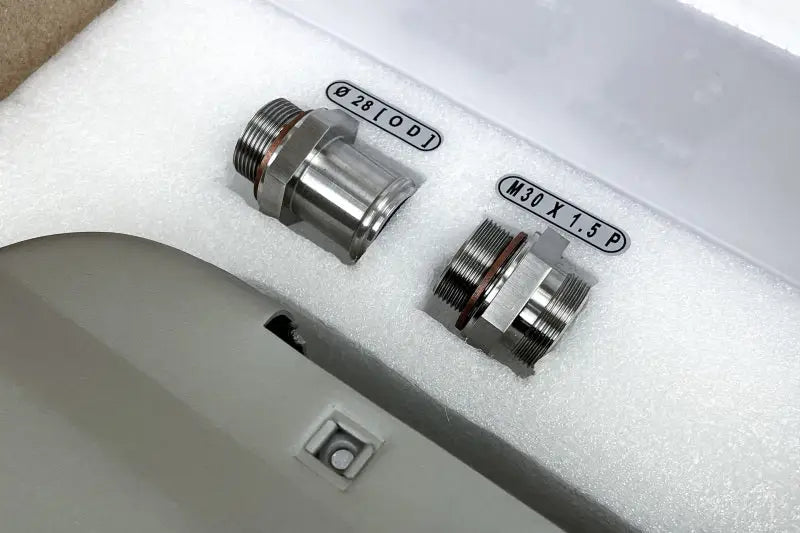 Two metal threaded widemouth fittings for Porsche 911 engine oil cooler system