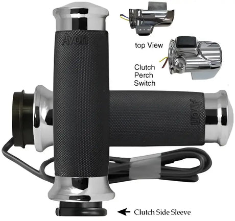 Black motorcycle handgrips with chrome ends and clutch perch switch for custom contour FBW heated grips