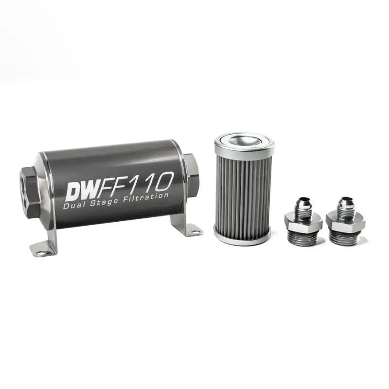DeatschWerks DWFF110 silver inline fuel filter housing with black mesh