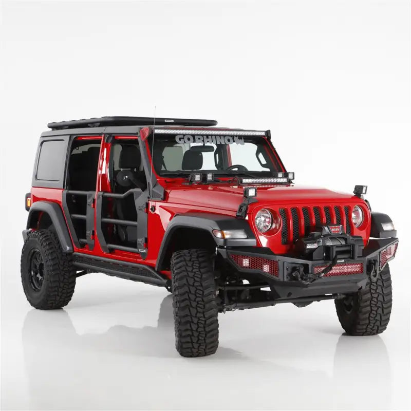 Red Jeep JKU with Go Rhino's black textured steel tubular lower half doors featuring ball handles, door retention straps, and side mirrors for an open-air off-road experience.