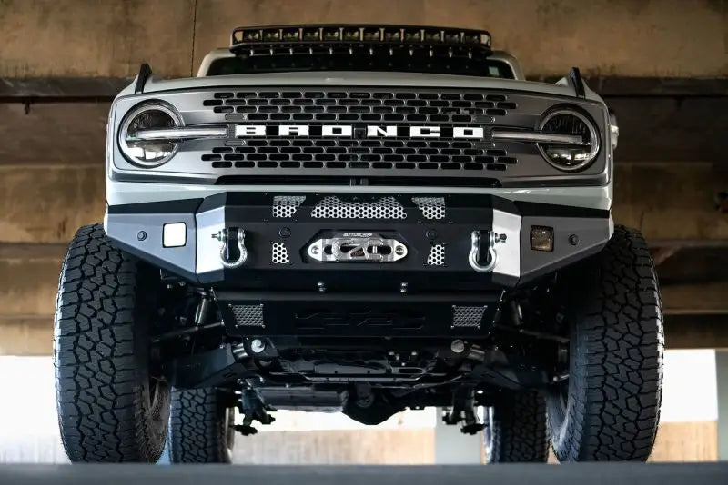 DV8 Offroad 2021+ Ford Bronco Front Bumper, Winch Capable with Optional Bull Bar, shown mounted on a Ford Bronco.