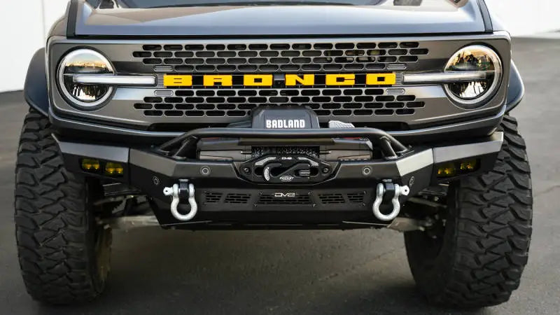 DV8 Offroad 21-23 Ford Bronco Spec Series Front Bumper with skid plate and integrated winch mount.