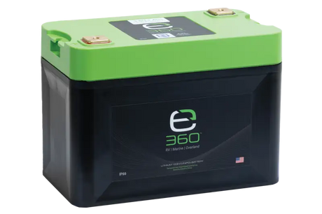 Black and green lithium lifepo4 battery for RV marine or overland use, 120amp lithium power