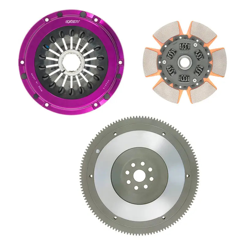 Exedy 2004-2014 Subaru Impreza WRX STI H4 Hyper Single Clutch Sprung Center Disc Pull Type, showing purple anodized cover, 6-puck cerametallic disc, and chromoly flywheel.