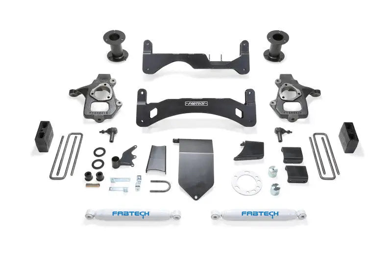 Automotive suspension lift kit components for Fabtech 14-18 GM C/K1500 with minor trimming required and 6in basic system for larger tire size
