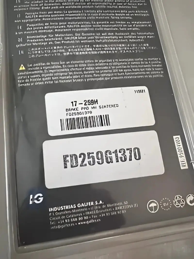 Image of FD259G1370 Galfer brake pad package labeled HH Sintered with product numbers