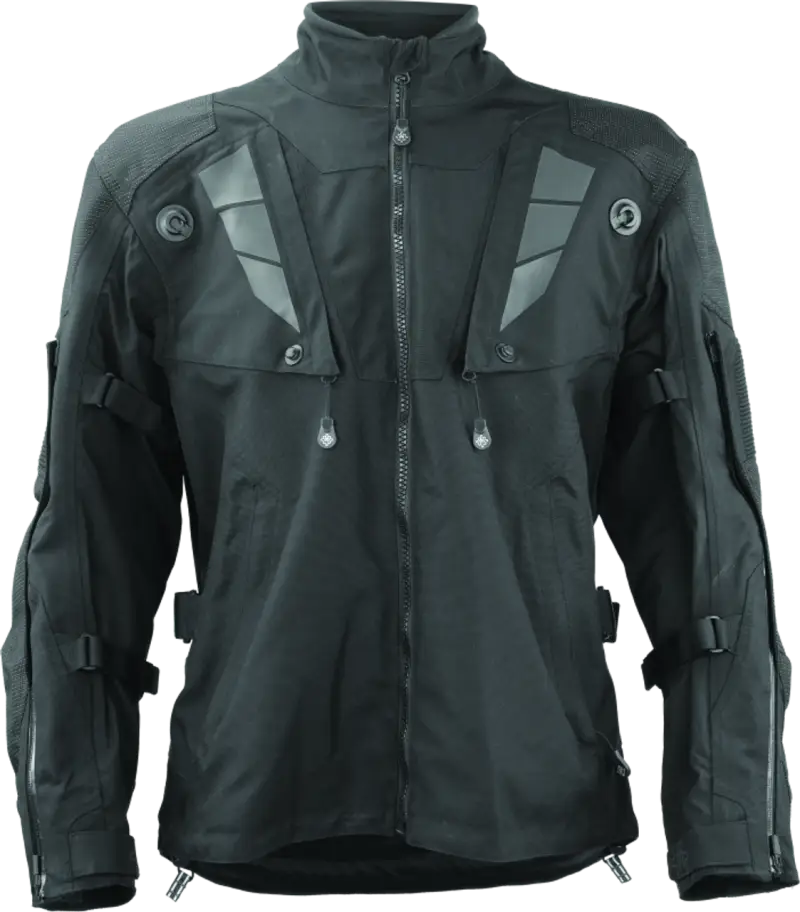 Black FIRSTGEAR Rogue XC Pro Jacket with full zipper, high collar, and multiple pockets