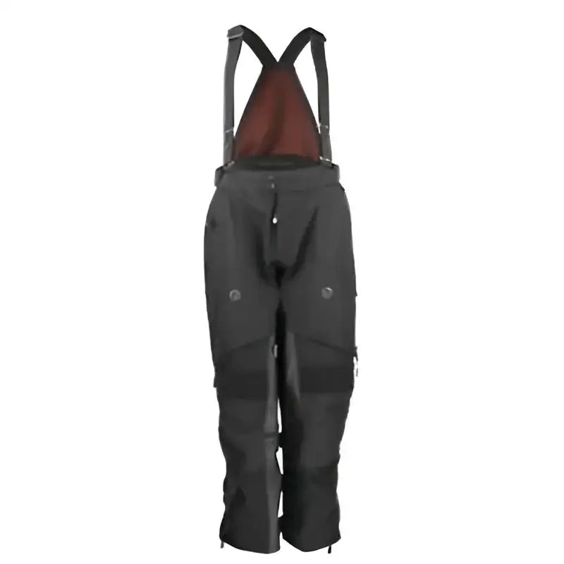 Black waterproof rogue xc pro ski pants with suspenders and reddish-brown interior