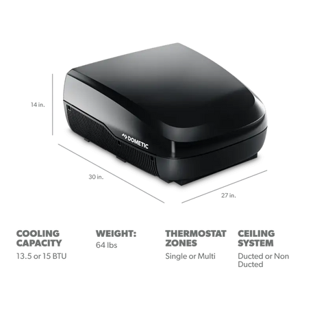 FJX3573MBKAS Dometic Freshjetx 15K-Mech Val Blk offers powerful climate control with 15K BTU cooling capacity.