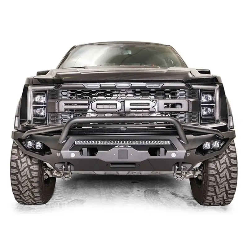 Front view of a Ford truck with FR21-X5352-1 Fab Fours Matrix Front grille guard, showcasing rugged construction and sleek design, perfect for off-road and urban driving. Excellent front-end protection, high-quality materials, enhances vehicle aesthetics, easy to install, compatible with various models. Bumpers, Grilles & Guards, AVADA - Best Sellers, Must Haves