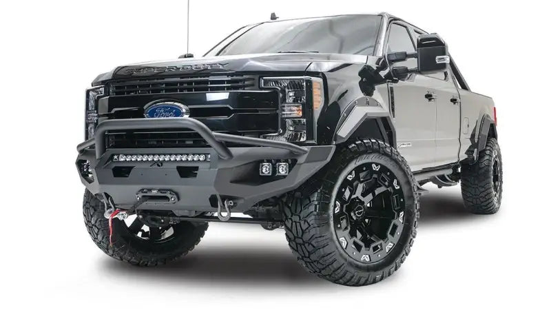 FS17-X4152-1 Fab Fours Ford Sd Matrix Front bumper with Pre Runner Guard on a Ford Super Duty, displaying off-road durability and aggressive styling.