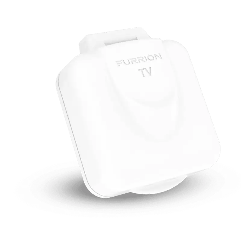 FTVINB-PS-OEM Furrion Llc Baby Tv Inlet Single F Connector for RV and marine use, white rectangular cover with Furrion branding.
