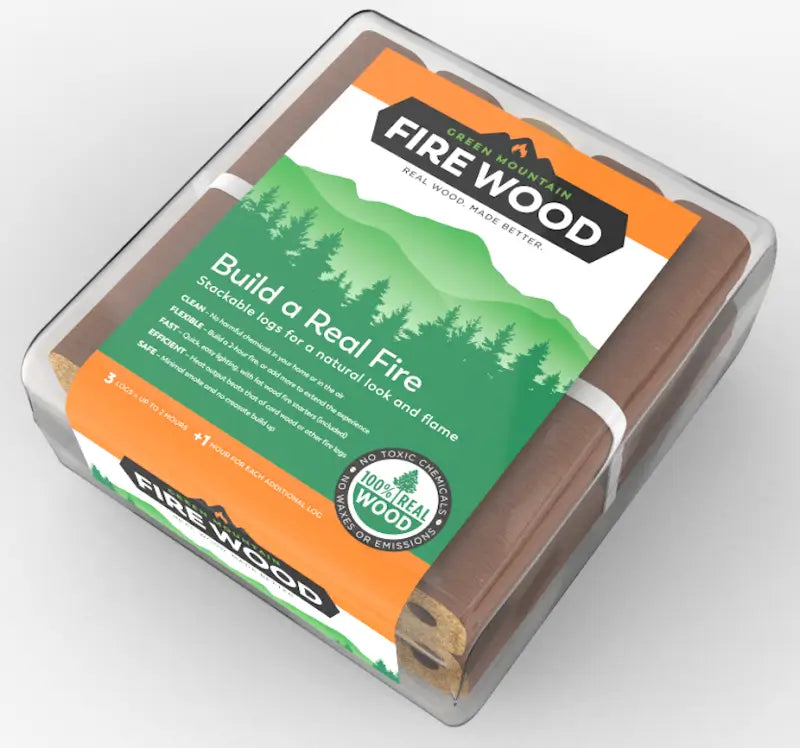 GMFW 8 PACK Green Mountain Firewood package with "Build a Real Fire" label, showcasing stackable logs for natural look and flame, premium-quality, sustainably sourced wood from Green Mountain region. Suitable for fireplaces, stoves, fire pits.