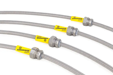 Braided stainless steel brake line kit for Mazda Protege rear disc brakes with yellow labels