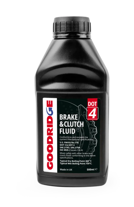 Black bottle of Goodridge 500ML Performance Dot 4 brake fluid for your car braking system