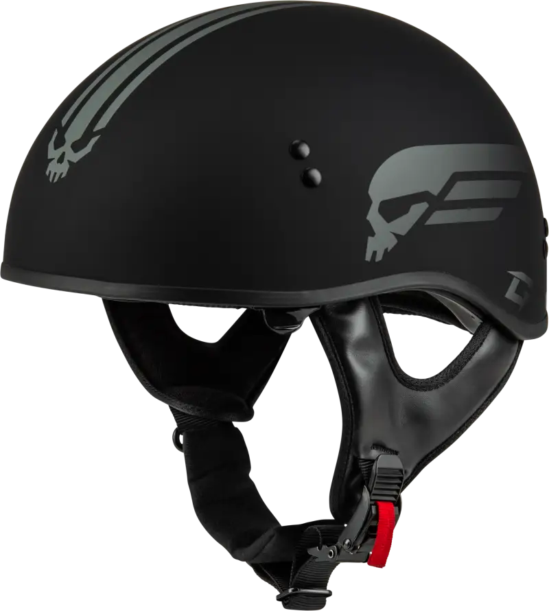 Black hh-65 Retribution Helmet with skull designs, matte black and silver finish
