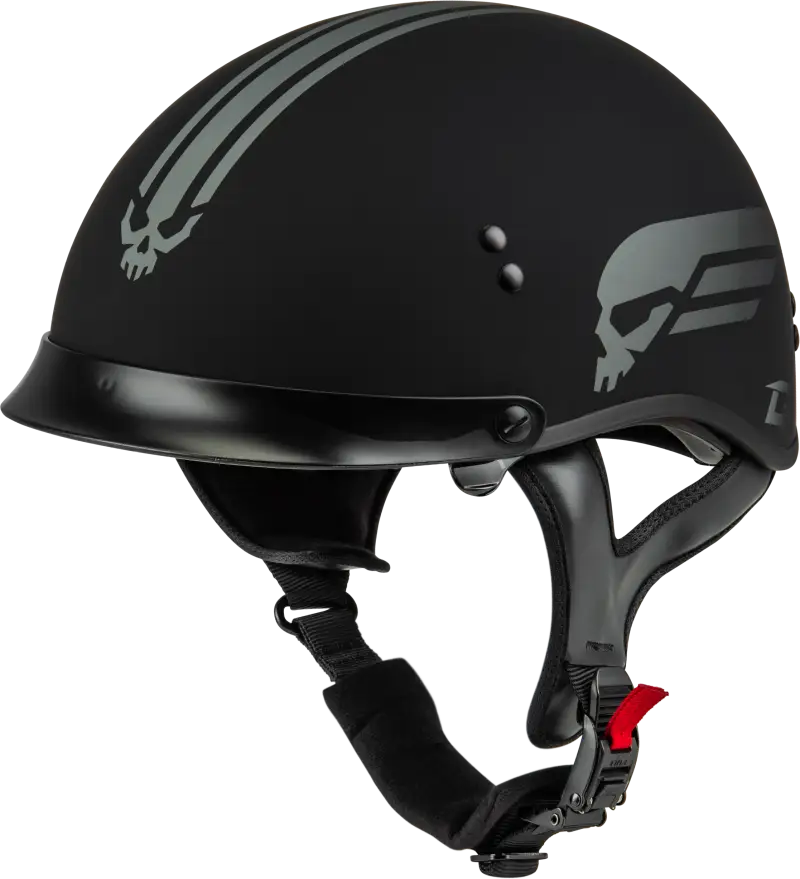 Black Retribution Helmet with peak in matte black and skull graphics for vintage style