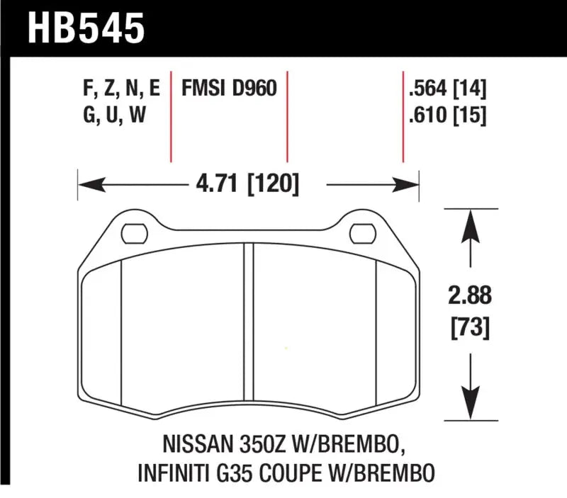 Brake pad diagram with dimensions for Infiniti G35 Brembo brakes Hawk 2003-2004