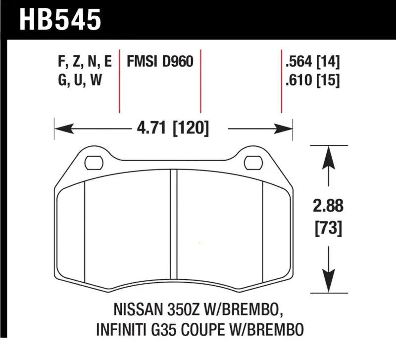 Brake pad diagram with dimensions for Infiniti G35 Brembo brakes Hawk 2003-2004 front pads