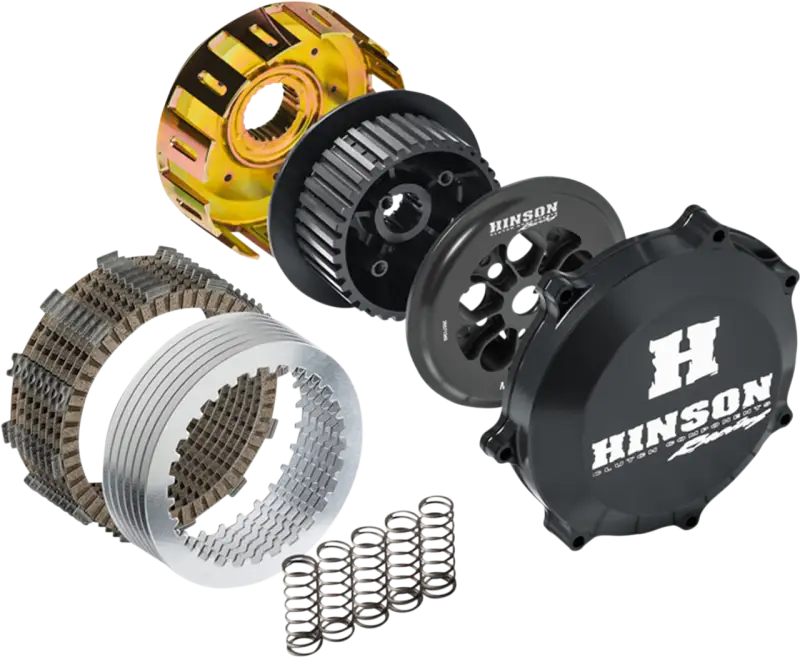 Disassembled dirt bike clutch basket components for HS597-2101 Hinson Clutch Basket Steel