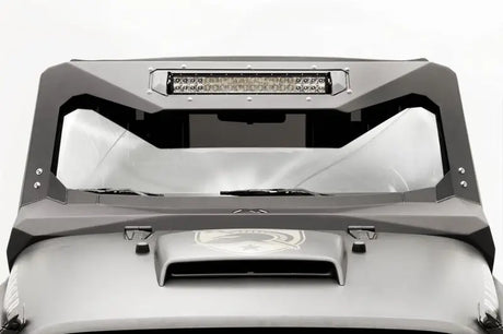 JK3022-1 Fab Fours 07-16 Jp Jk Vicwl Inst 20 visor installed on a 2007-2016 Jeep Wrangler JK, showcasing a sleek design with a LED light bar, enhancing its appearance and functionality.