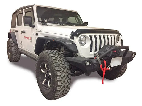 White Jeep Wrangler with off-road mods and JL05FF Trailfx steel fender upgrade