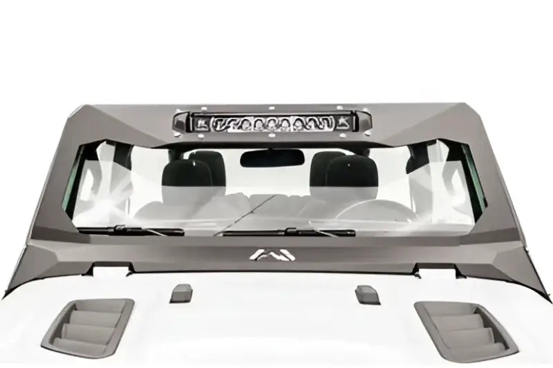 Rear view of a windshield with installed JL3022-1 Fab Fours 18 Jp Jl Vicowl with 20' light bar, enhancing vehicle protection and style.