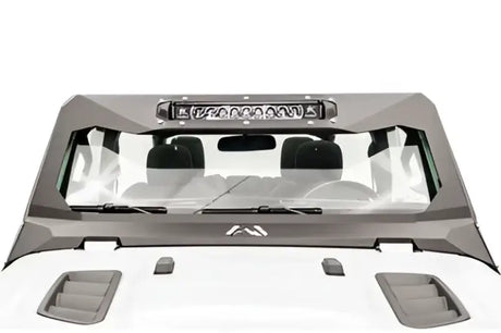 Rear view of a windshield with installed JL3022-1 Fab Fours 18 Jp Jl Vicowl with 20' light bar, enhancing vehicle protection and style.