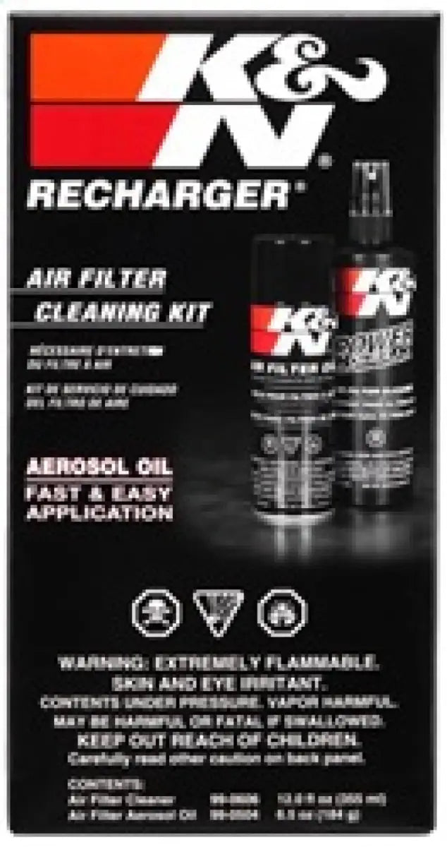 K&N Aerosol Oil Recharger Service Kit, includes air filter cleaner and oil for restoring K&N oiled cotton air filters, ensuring efficient airflow and like-new performance.