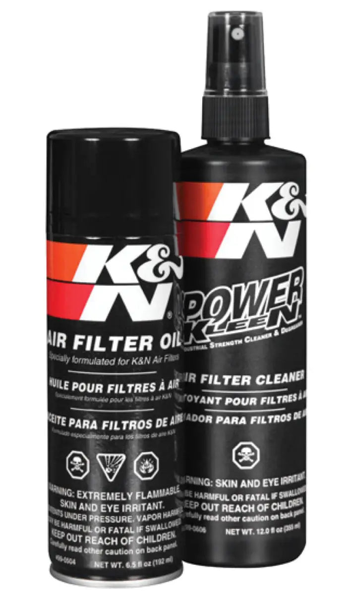 K&N Aerosol Oil Recharger Service Kit including 6.5 oz air filter oil can and 12 oz Power Kleen air filter cleaner for K&N oiled cotton air filters.