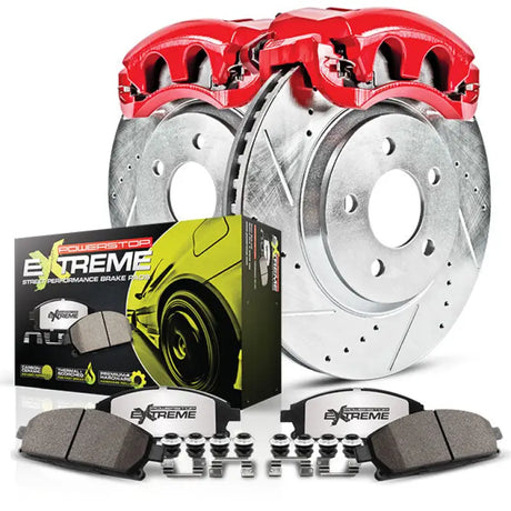 Red brake calipers with drilled rotors in K1393-36 Powerstop 1-Click Brake Kit