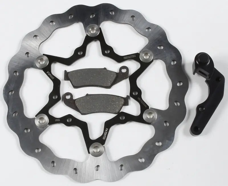 Motorcycle brake disc with pads and caliper adapter for KITOS12 270 O/S Floating Rotor, featuring floating wave design